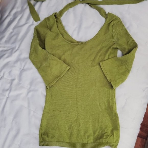 Le Château Bell Sleeve tie neck sash Knit Ribbed Top- Grass Green- XXS - Picture 3 of 16